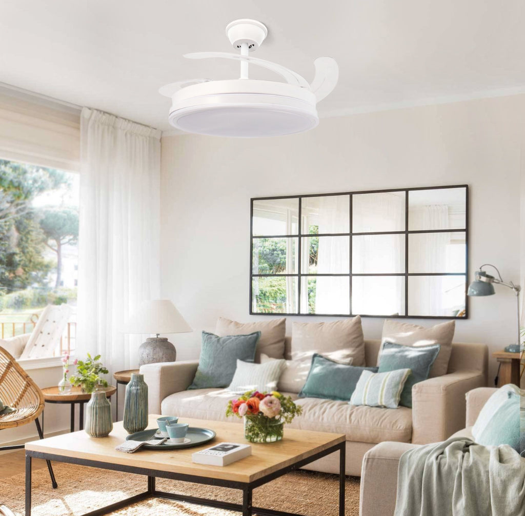 Ventilador de Techo LED Moderno con Aspas Retráctiles – 6 Velocidades y Control Remoto