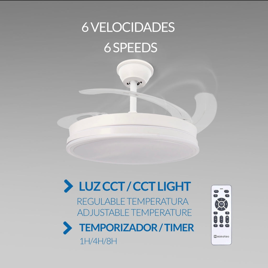 Ventilador de Techo LED Moderno con Aspas Retráctiles – 6 Velocidades y Control Remoto